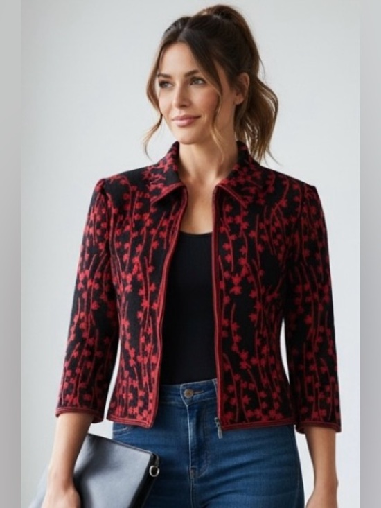 St. John Collection Jackets & Blazers - Vintage St. John Collection Marie Gray Black Red Jacquard Zip Jacket Size 8